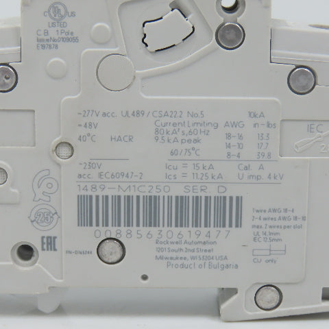 Allen Bradley 1489-M1C250 Ser D 25A 1 Single Pole Circuit Breaker (Clean)