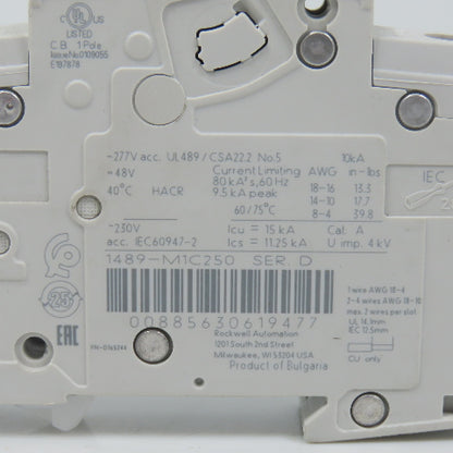 Allen Bradley 1489-M1C250 Ser D 25A 1 Single Pole Circuit Breaker (Clean)