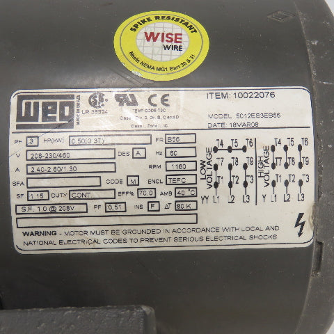 WEG 501ES3EB56 0.50HP AC Motor 3Ph 230/460V B56 Frame 1160RPM TESTED