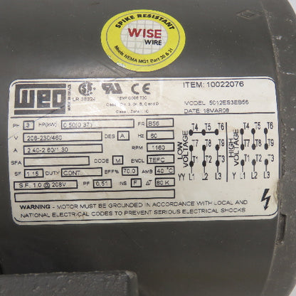 WEG 501ES3EB56 0.50HP AC Motor 3Ph 230/460V B56 Frame 1160RPM TESTED