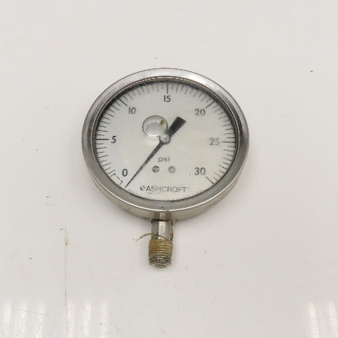 Ashcroft 0-30 PSI Bottom Port Stainless Steel Pressure Gauge 1/4"NPT 4" Filled
