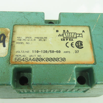 Numatics 554SA400K000030 Solenoid Valve 110/120V 150PSIG