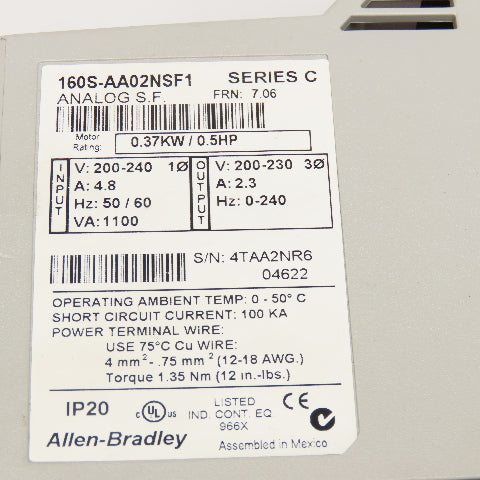 Allen Bradley 160S-AA02NSF1 200-240V Variable Speed Drive 0-240Hz 0.37kW 0.5Hp