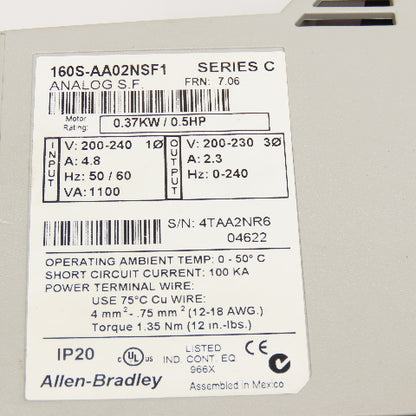 Allen Bradley 160S-AA02NSF1 200-240V Variable Speed Drive 0-240Hz 0.37kW 0.5Hp