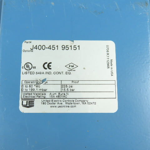 United Electric J400-451 95151 Pressure Switch 0-80" WC 225PSI