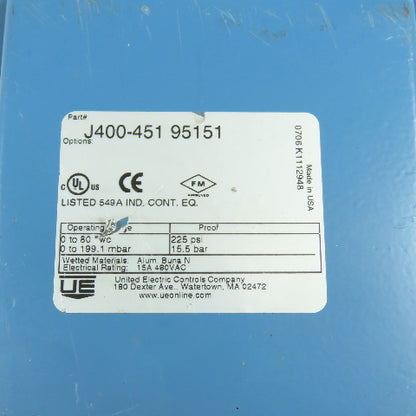 United Electric J400-451 95151 Pressure Switch 0-80" WC 225PSI