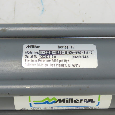 Miller H-72B2B-02.00-16.000-0100-S11-0 Hydraulic Cylinder 16" Stroke 2" Bore
