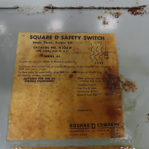 Square D H326N 600A Fusible Safety Disconnect Switch 240VAC 3-Pole