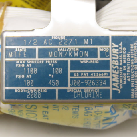 Jamesbury 1/2" NPT Shut Off Valve Chlorine Service 325°F