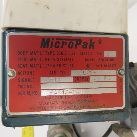 Masoneilan McGraw MicroPak 1" Stainless CV Control Valves 35PSI W/ Transducer