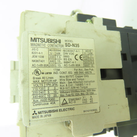 Mitsubishi SD-N35 Magnetic Contactor 600VAC 60A 24VDC Coil