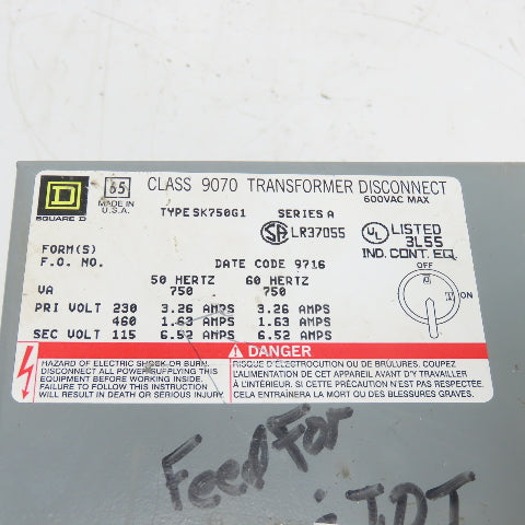 Square D SK750G1 Class 9070 230x460V Pri 115V Sec 750VA Transformer Disconnect