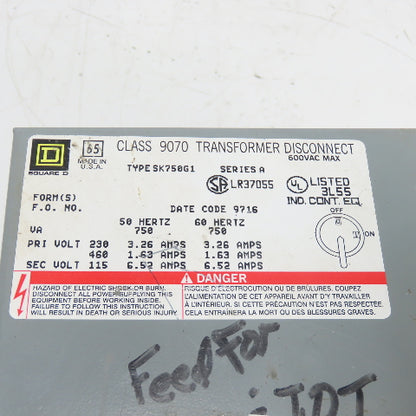 Square D SK750G1 Class 9070 230x460V Pri 115V Sec 750VA Transformer Disconnect