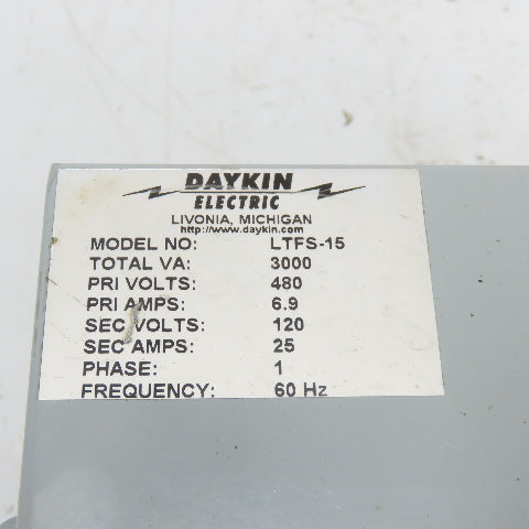 Daykin LTFS-15 Disconnect Transformer Pri 480V Sec 120V 25A Total VA 3000 1PH