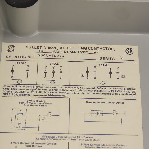 Allen Bradley 500L-B0D93 500L-BSD93 NEMA Lighting Contactor 30A 600V W/Enclosure