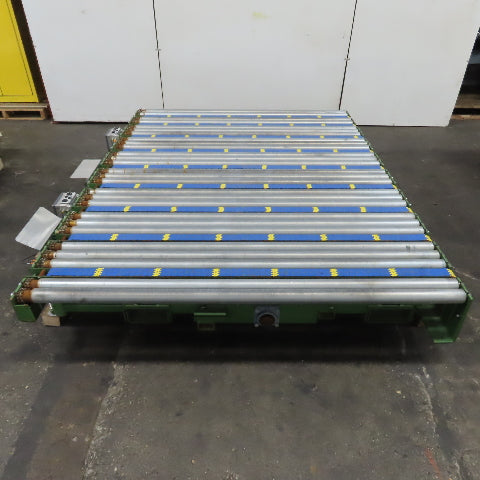 Variable Speed Powered Roller Belt Lift 90° Transfer Conveyor 69"BF x 95"L 33FPM