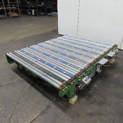 Variable Speed Powered Roller Belt Lift 90° Transfer Conveyor 69"BF x 95"L 33FPM