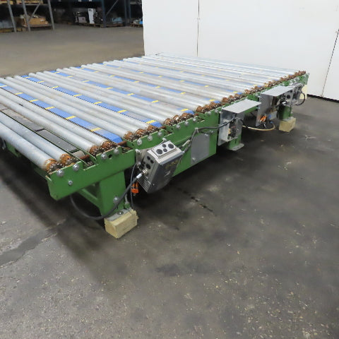 Variable Speed Powered Roller Belt Lift 90° Transfer Conveyor 69"BF x 95"L 33FPM