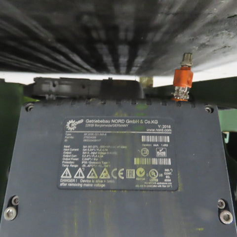 Variable Speed Powered Roller Belt Lift 90° Transfer Conveyor 69"BF x 95"L 33FPM