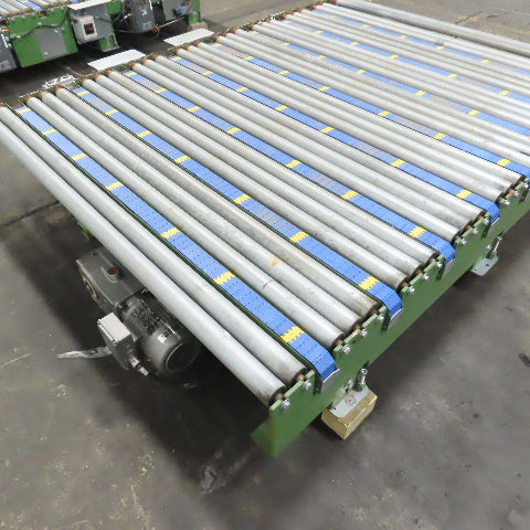 Variable Speed Powered Roller Belt Lift 90° Transfer Conveyor 69"BF x 95"L 33FPM