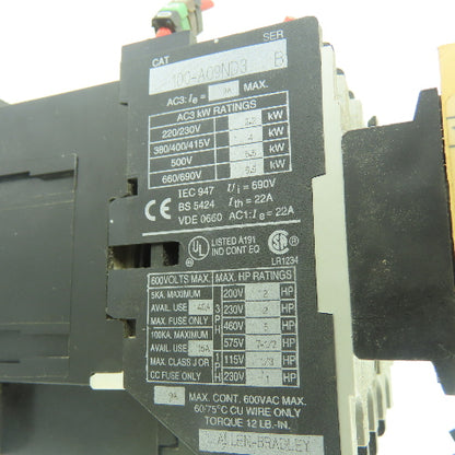 Allen Bradley 100-A09ND3 Ser B Contactor 600VAC 22A 120V Coil W/ 195-FA22 Relay