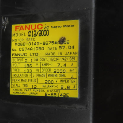 Fanuc A06B-0142-B675 2.1kW 2000RPM 186V 3Ph AC Servo Motor