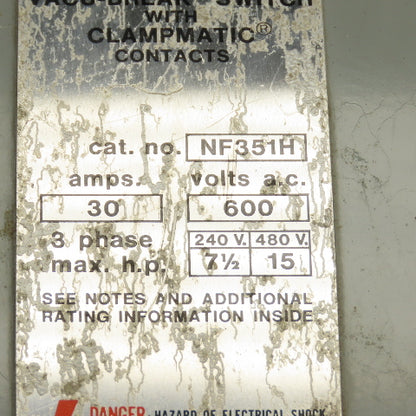 Gould NF351H 30A Non-Fusible Safety Disconnect Switch 600VAC 15HP