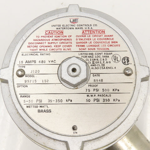 United Electric Controls Inc. 95715 152 480V 15A Pressure Switch 5-50PSI