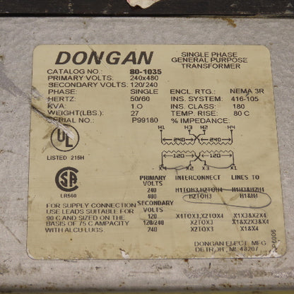 Dongan 80-1035 1.0kVA General Purpose Transformer Pri 240/480 Sec 120/240V 1PH