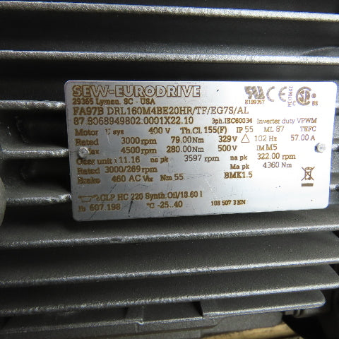 Sew-Eurodrive FA97BDRL160M4BE20HR/TF/EG7S Parallel-Shaft Gearmotor 11.16 Ratio