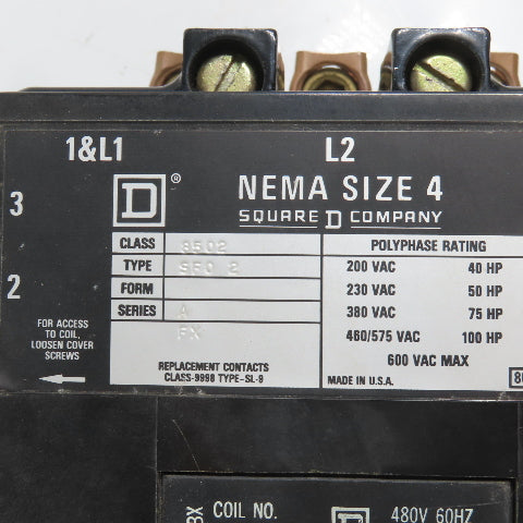Square D 8502SF02 Nema Size 4 Motor Starter 100HP 480V Coil 600V Max (Clean)