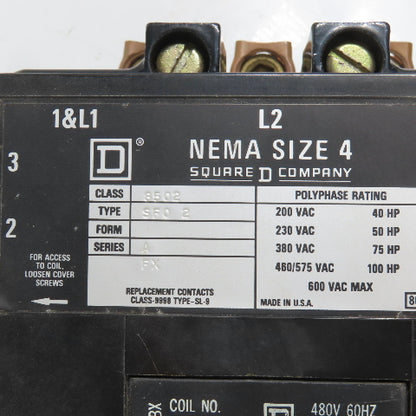 Square D 8502SF02 Nema Size 4 Motor Starter 100HP 480V Coil 600V Max (Clean)