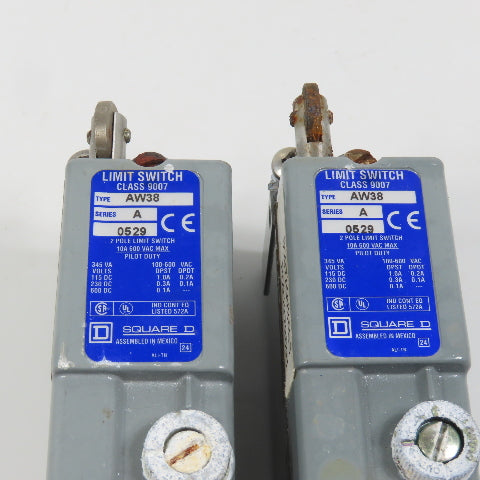 Square D AW38 Roller Head Plunger limit Switch 10A 600VAC (Stuck Heads) Lot/2
