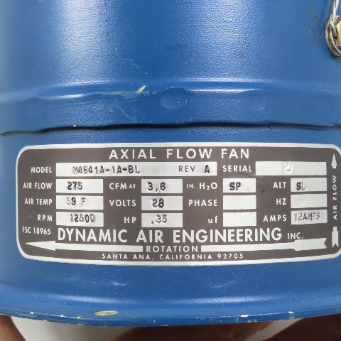Dynamic Air M4641A-1A-BL Axial Fan 275CFM 12,500RPM 28VDC G0P203C-039 Controller