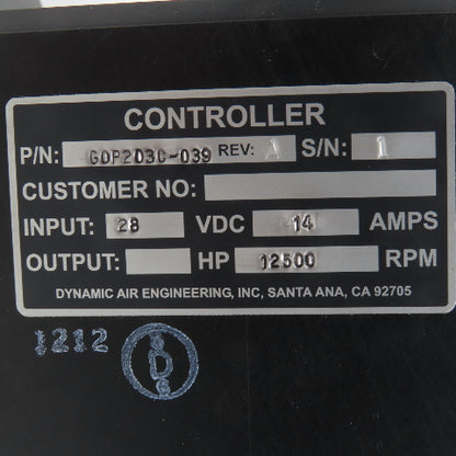 Dynamic Air M4641A-1A-BL Axial Fan 275CFM 12,500RPM 28VDC G0P203C-039 Controller