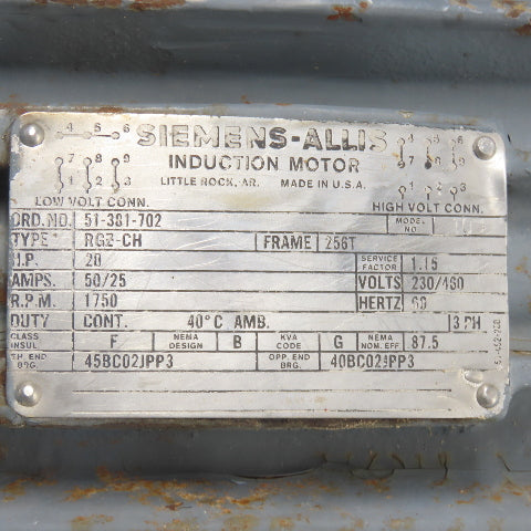 Siemens-Allis RGZ-CH 20HP AC Induction Motor 230/460V 3Ph 1750RPM 256T Frame