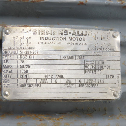 Siemens-Allis RGZ-CH 20HP AC Induction Motor 230/460V 3Ph 1750RPM 256T Frame
