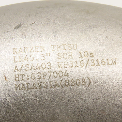 Kanzen Tetsu 3" Stainless Steel Butt Weld 45° Elbow Sch 10S