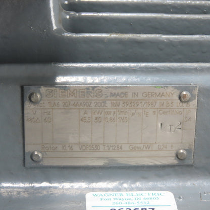 Siemens 1LA6 207-4AA90Z 30KW Electric Motor 480V 3Ph 1765RPM 45.5A 60Hz TESTED