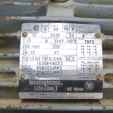 Wesinghouse TBFC Life-Line 15HP AC Motor 3Ph 230/460V 3530RPM 254T Frame