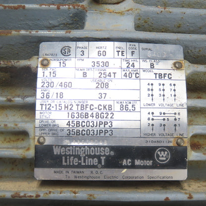 Wesinghouse TBFC Life-Line 15HP AC Motor 3Ph 230/460V 3530RPM 254T Frame