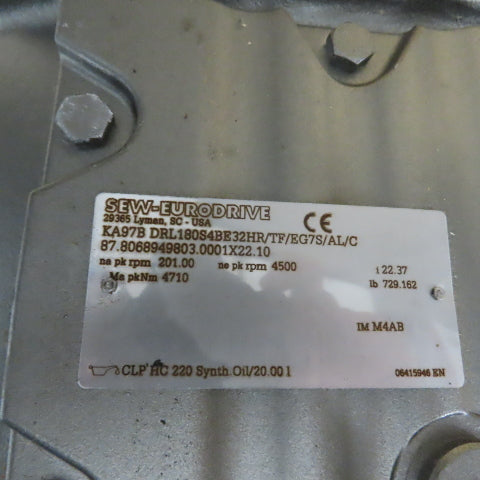 Sew-Eurodrive KA97BDRL180S4BE32HR/TF/EG7S/AL/C Helical-Bevel Gear Motor 134RPM