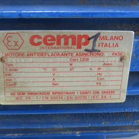 Cemp EEx-d 7.5KW AC Electric Motor 3Ph 280/480V 1740RPM 38mm Shaft TESTED