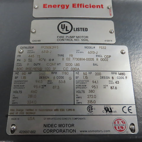 Nidec FF250E2FFS 250HP AC Electric Fire Motor 1780RPM 460V 3PH 445TS Frame New