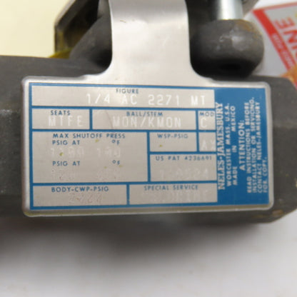 Neles-Jamesbury 1/4" NPT Shut Off Valve Chlorine Service 325°F