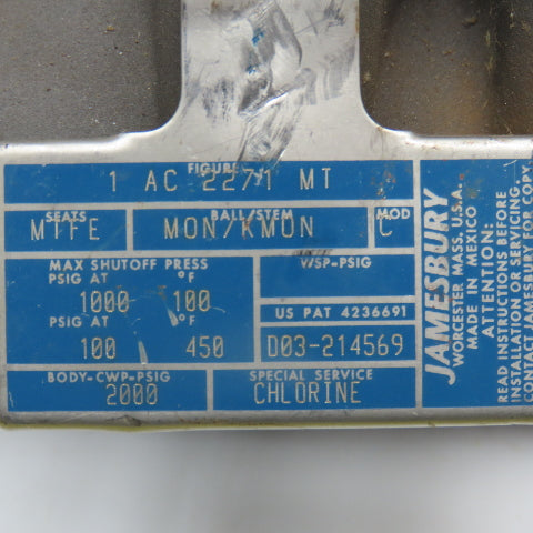 Jamesbury 1" NPT Shut Off Valve Chlorine Service 325°F