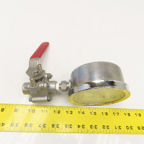 Flowserve 4466TSE 1/4" NPT Stainless Steel Ball Valve W/ Reotemp Gauge 0-15PSI