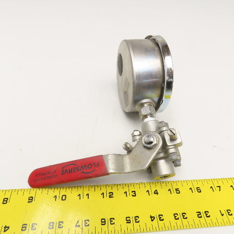 Flowserve 4466TSE 1/4" NPT Stainless Steel Ball Valve W/ Reotemp Gauge 0-15PSI