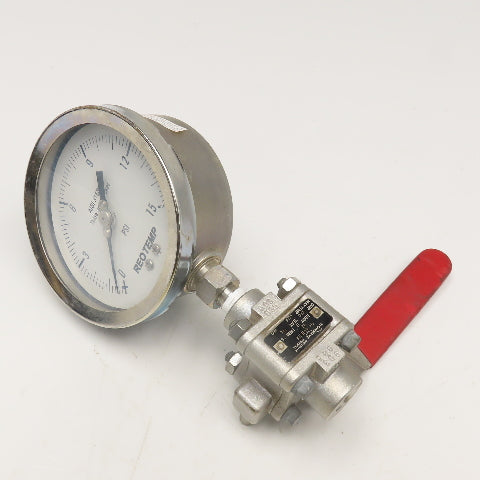 Flowserve 4466TSE 1/4" NPT Stainless Steel Ball Valve W/ Reotemp Gauge 0-15PSI