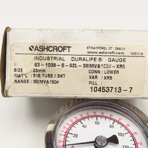 Ashcroft 63-1008-S-02L-30IMV&150#-XR5 30 In Hg Vac To 150PSI Ammonia Gauge 1/4"